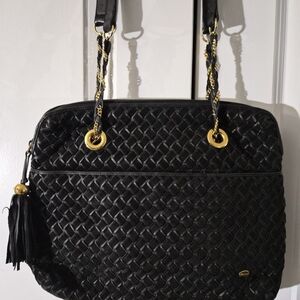 Ballys Woven Black Leather Suede Shoulder Bag with Gold Hardware